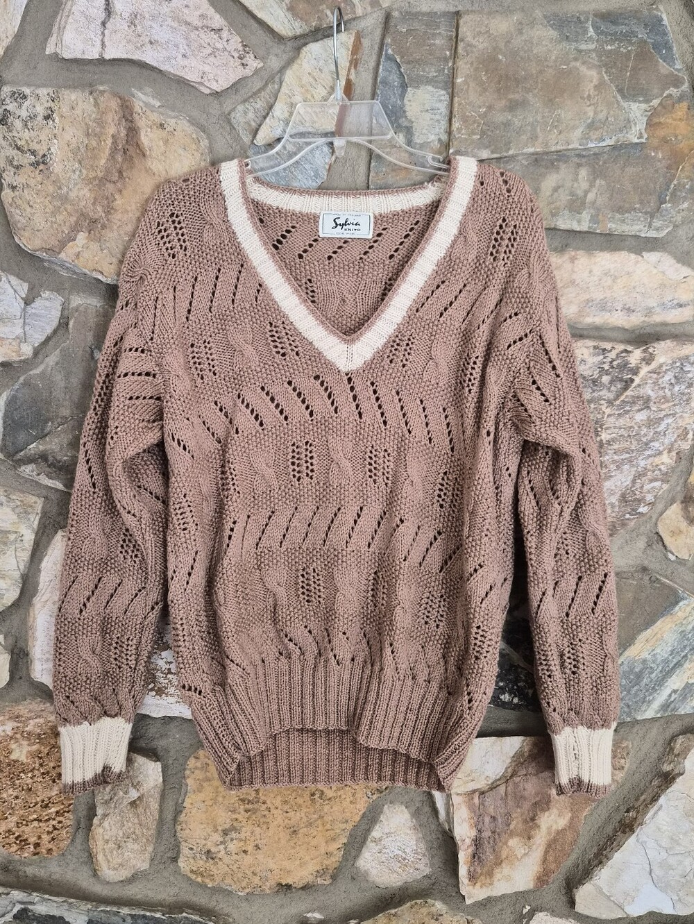 Vintage 100% Wool V-Neck Pointelle Sweater with Cream Trim